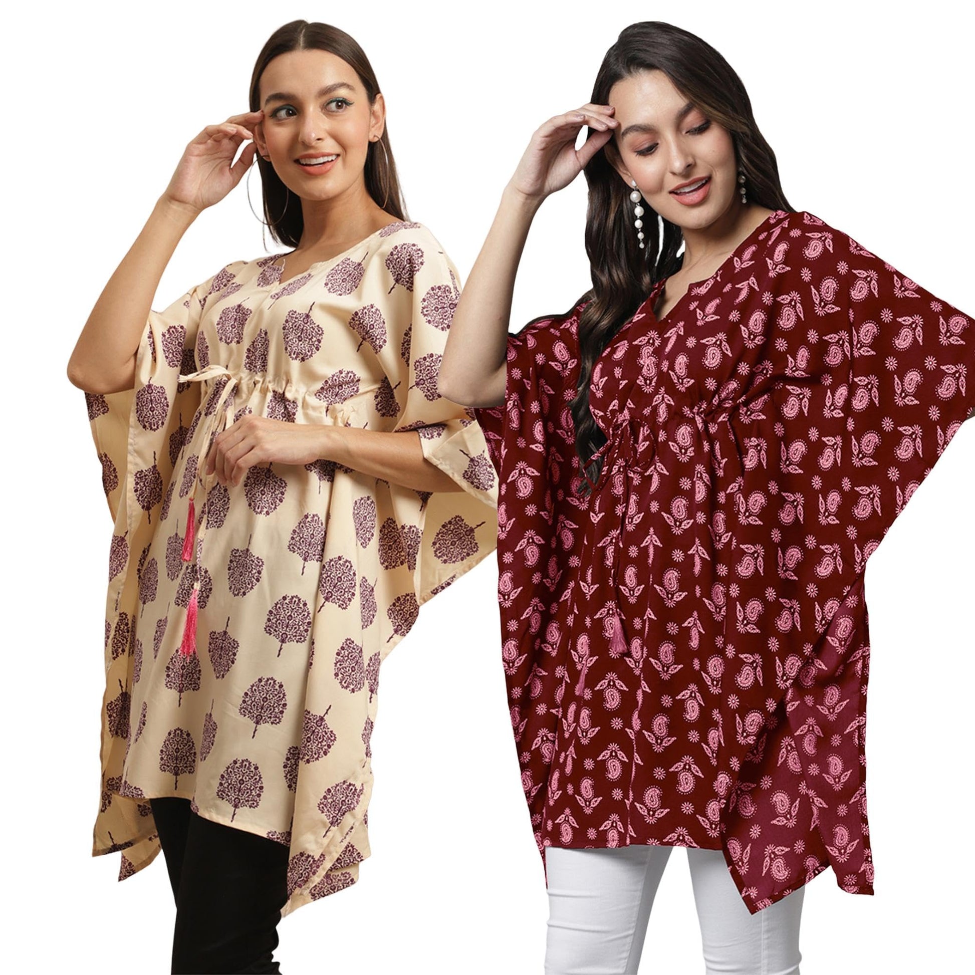 Tee Projekt Casual Crepe Kimino Sleeves Womens Kaftan Dress ll Kaftan Casual & Everyday Kurta (Pack of 2) Green-Maroon