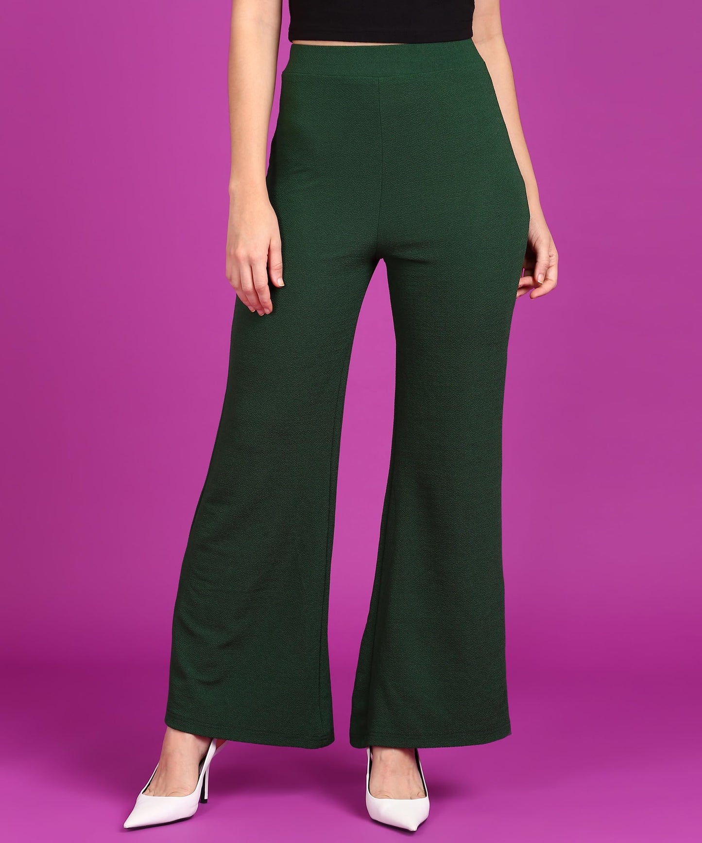 POPWINGS Casual High-Waist Flared Trousers for Women | High-Rise Flared Trousers for Formal Office Wear - Dark Green