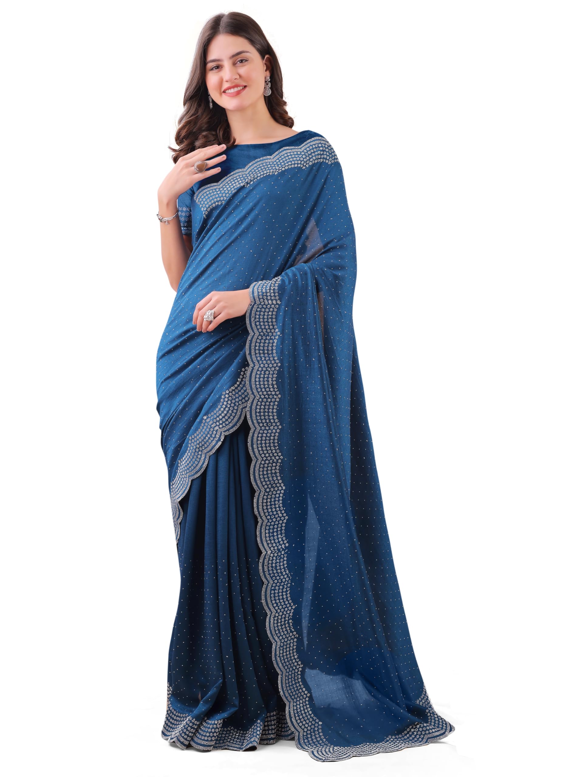 Dhyey Fashion WomenS Chiffon Saree With Unstitched Blouse Piece With Stone Work And Sparkle | Sari For Women Chiffon Saree | Sp