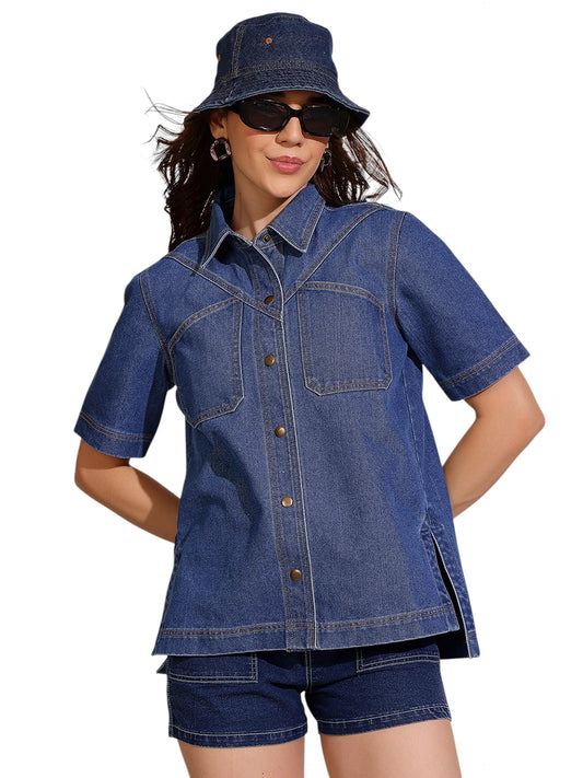 Dolce Crudo Womens Boxy Denim Shirt - Half Sleeves, Collared(DOSS25DEN03-41-57-05, Dark Blue, L)