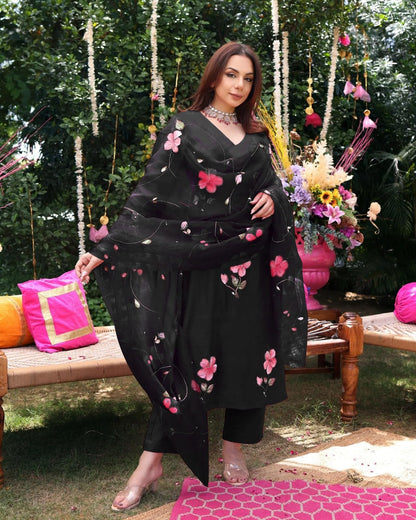 ANNI DESIGNER Viscose Rayon Printed Kurta with Trousers & Dupatta, 3XL, Black, Model ROKA RANI