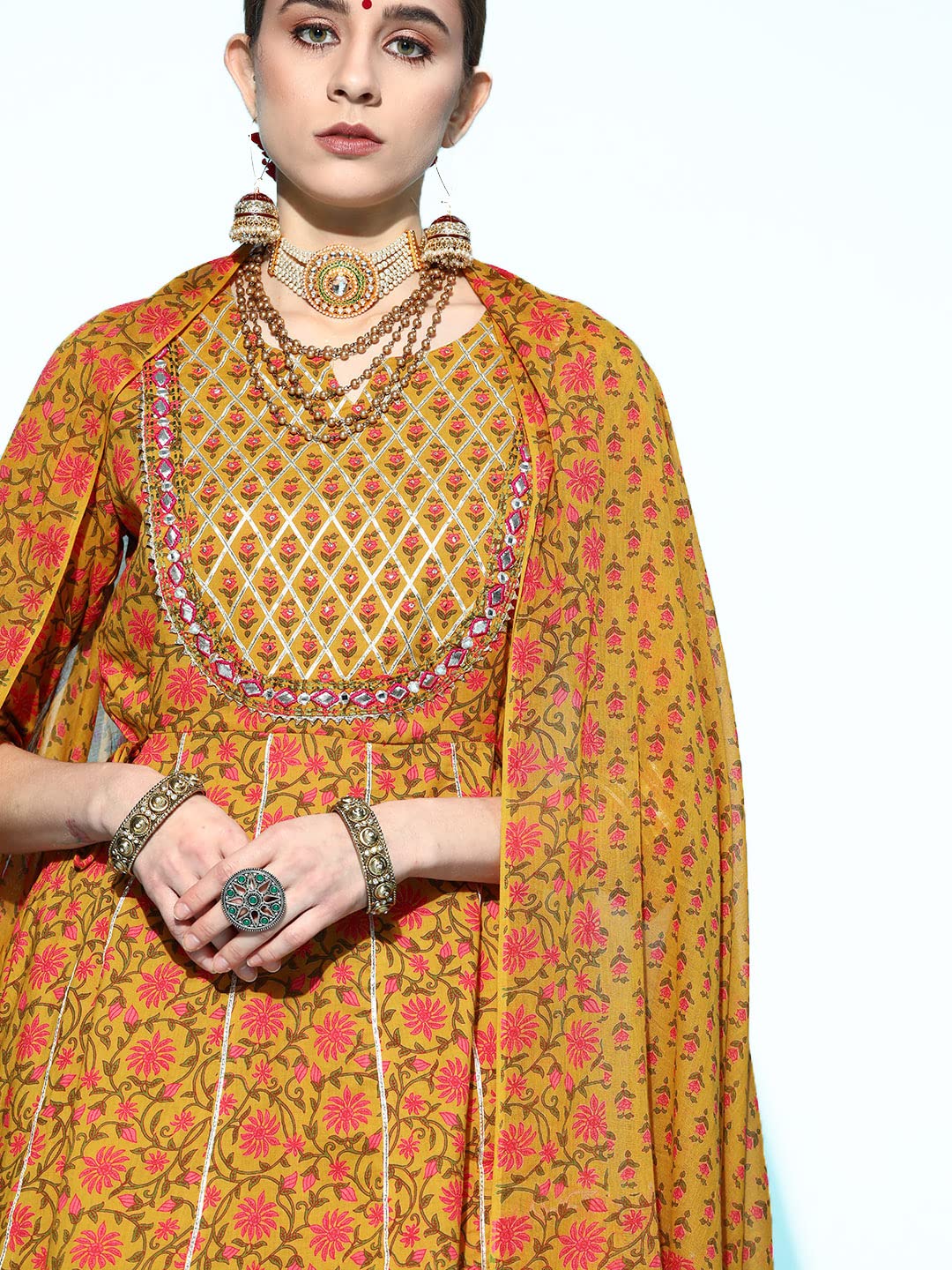 ishin Women's Cotton Blend Embroidered Gotta Patti Mustard Floral Print Anarkali Kurta suit set With Dupatta & Sharara