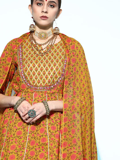 ishin Women's Cotton Blend Embroidered Gotta Patti Mustard Floral Print Anarkali Kurta suit set With Dupatta & Sharara
