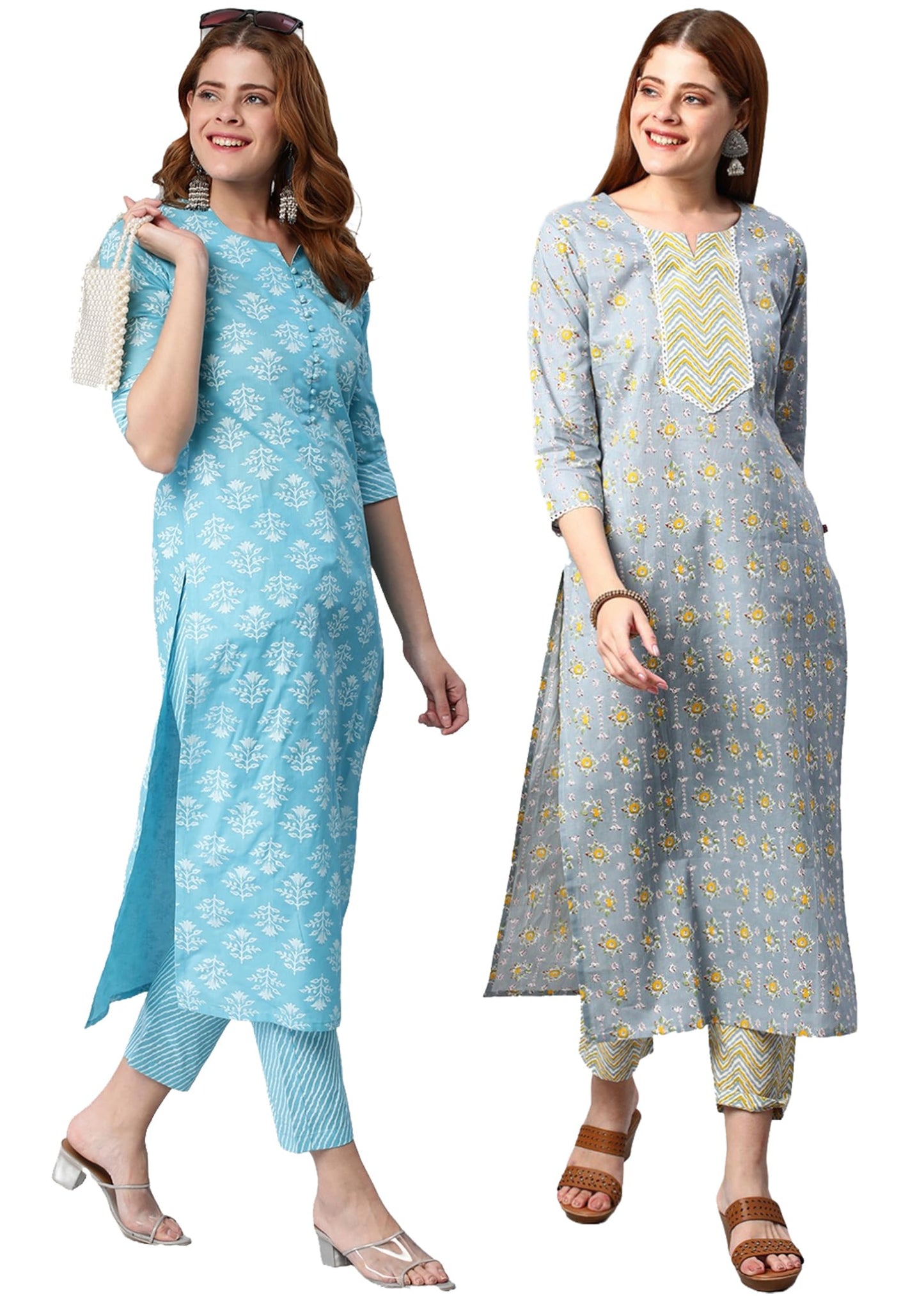 ANNI DESIGNER Womens Cotton Blend Calf Length Printed Straight Kurta with Pant Pack of 2 (Combo-Kidya-Mikaa_Multicolor_Xx-Large