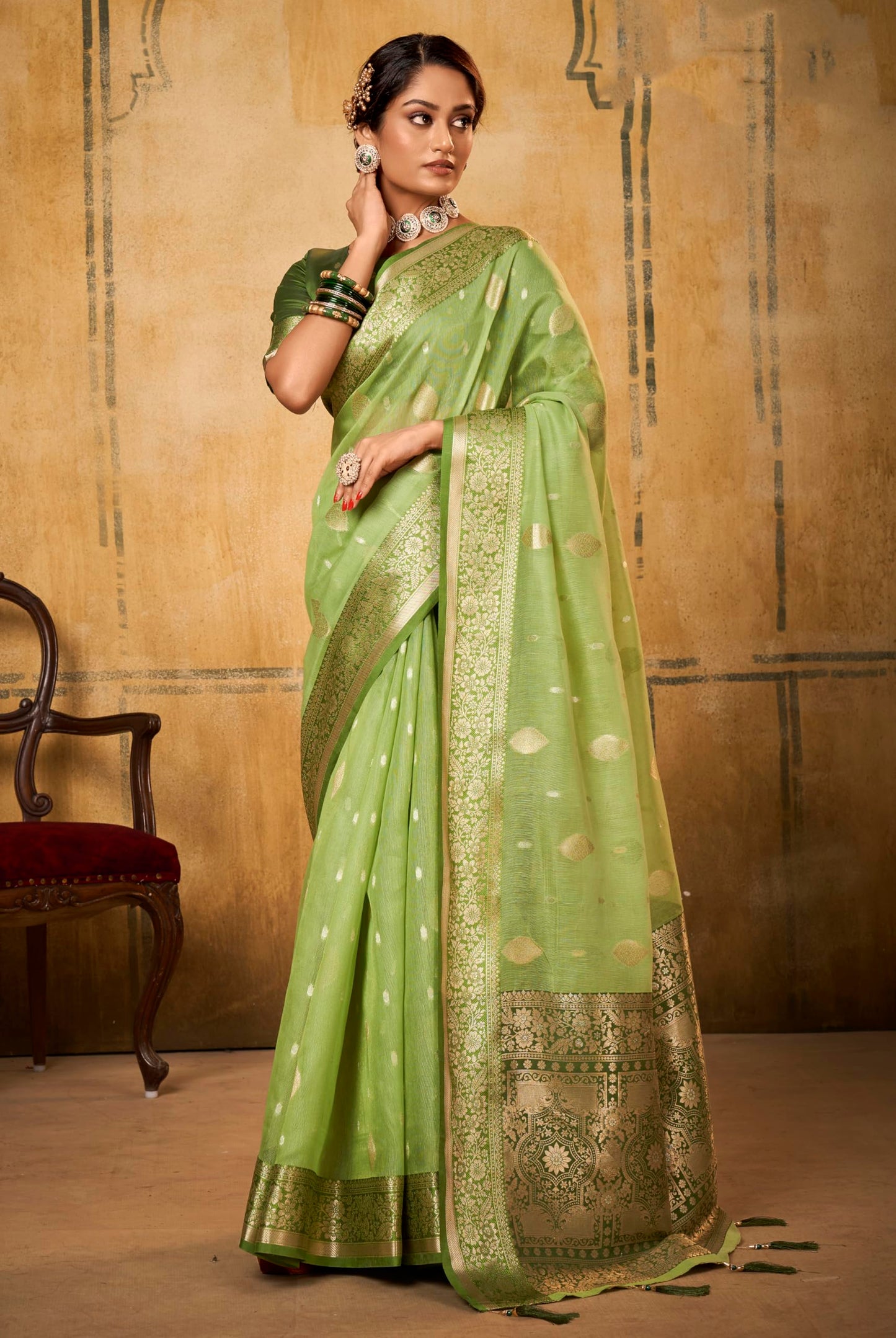 Pujia Mills Women Banarasi Woven Tissue Silk Saree With Zari Butta Work Indian Ethnic Wear Designer Wedding Saree 2025 Woven Gol