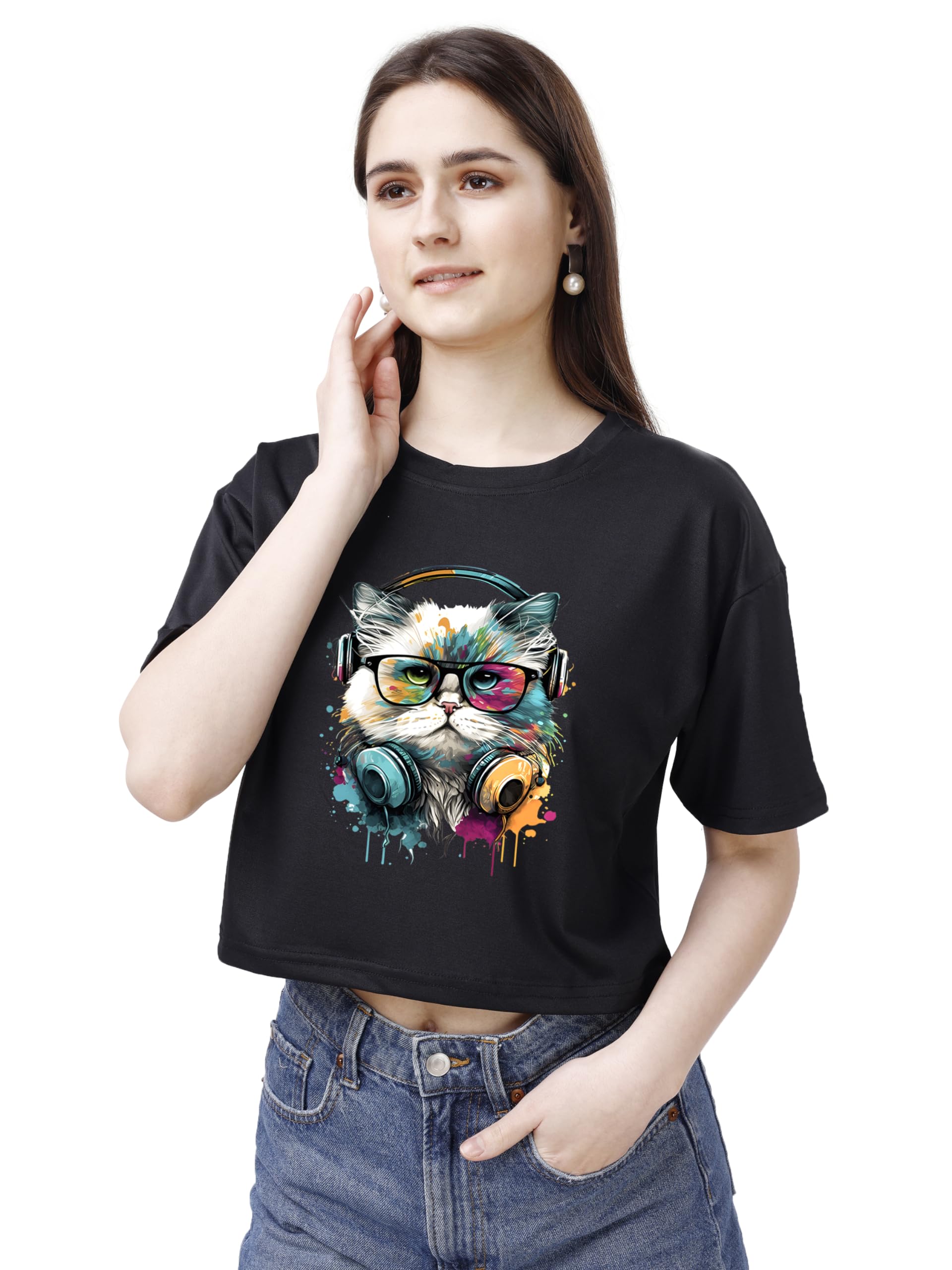 ELLITI Soft Rich Cotton Casual Cat Face Printed Black Half Sleeve | Round Neck | Oversized/Loose Fit | Down Solder | Rainbow Col