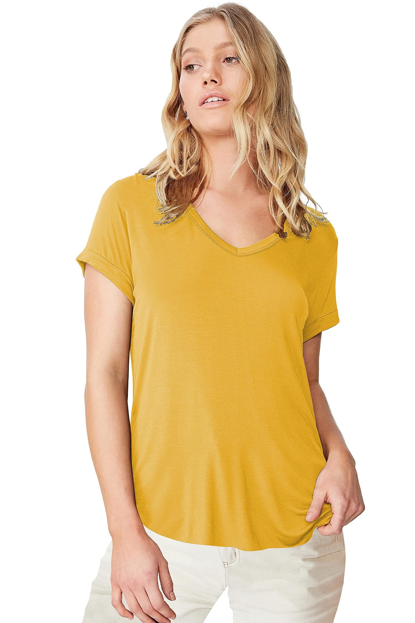 Fabricorn Combo Of Plain Mustard Yellow V-Neck And Dusty Rose Round Neck Up And Down Cotton Tshirt For Women (Mustard Yellow And