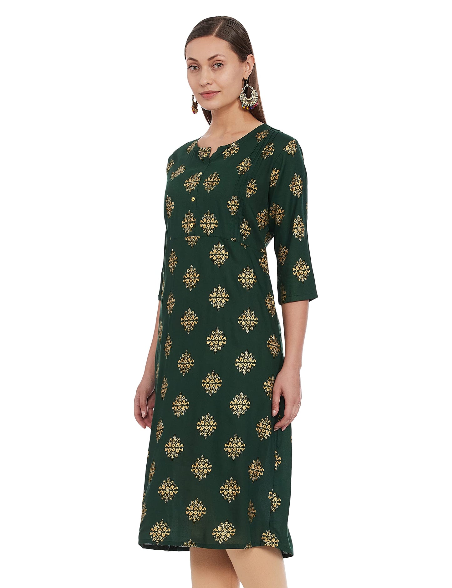 anubhutee Women's Olive Green Golden Ethnic Printed A-Line Kurta