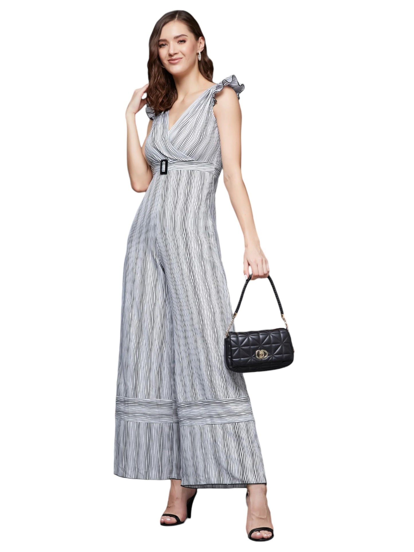 Miss Chase Womens Striped V Neck Frill Wrap Relaxed Fit Regular Jumpsuit (MCSS25D93-15-98-06, Black & White, XL)