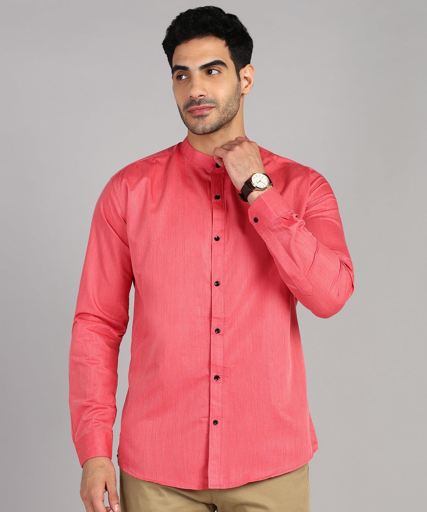 Mildin MenS Cotton Blend Solid Shirt With Mandarin Chinese Collar Full Sleeve Curved Hemline Button Closure Slim Fit | Shirt Fo