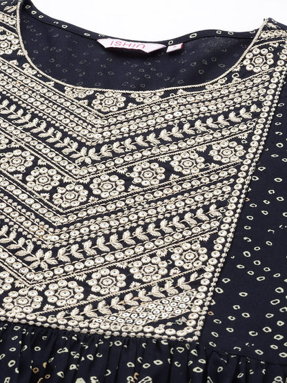 ishin Women's Viscose Rayon Navy Blue Ethnic Motifs Embroidered Sequinned A-Line Kurta suit set with Trousers & Dupatta