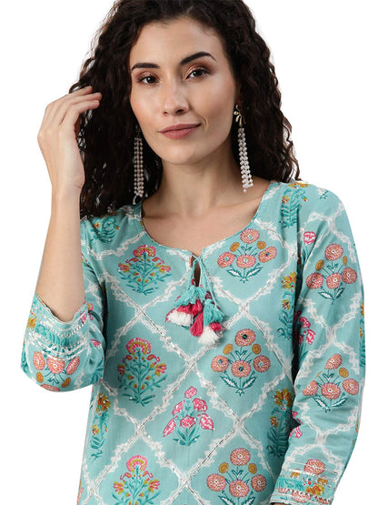 ishin Women's Pure Cotton Blue Zari Embroidered A-Line Kurta Set with Sharara