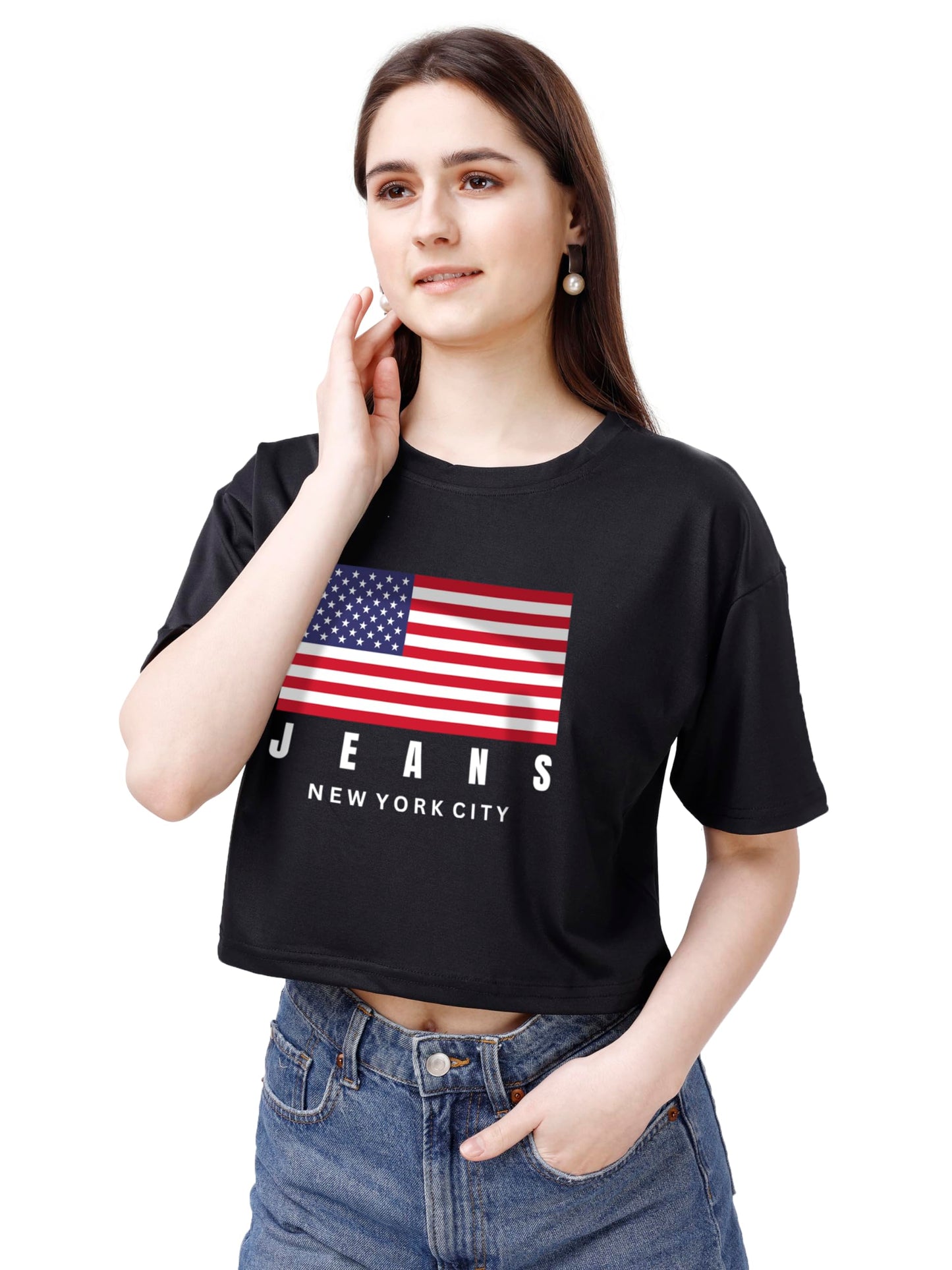 ELLITI Soft Rich Cotton Black Half Sleeve | Round Neck | Oversized/Loose Fit | Down Solder | US Flage Print Crop Top for Women (