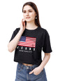 ELLITI Soft Rich Cotton Black Half Sleeve | Round Neck | Oversized/Loose Fit | Down Solder | US Flage Print Crop Top for Women (
