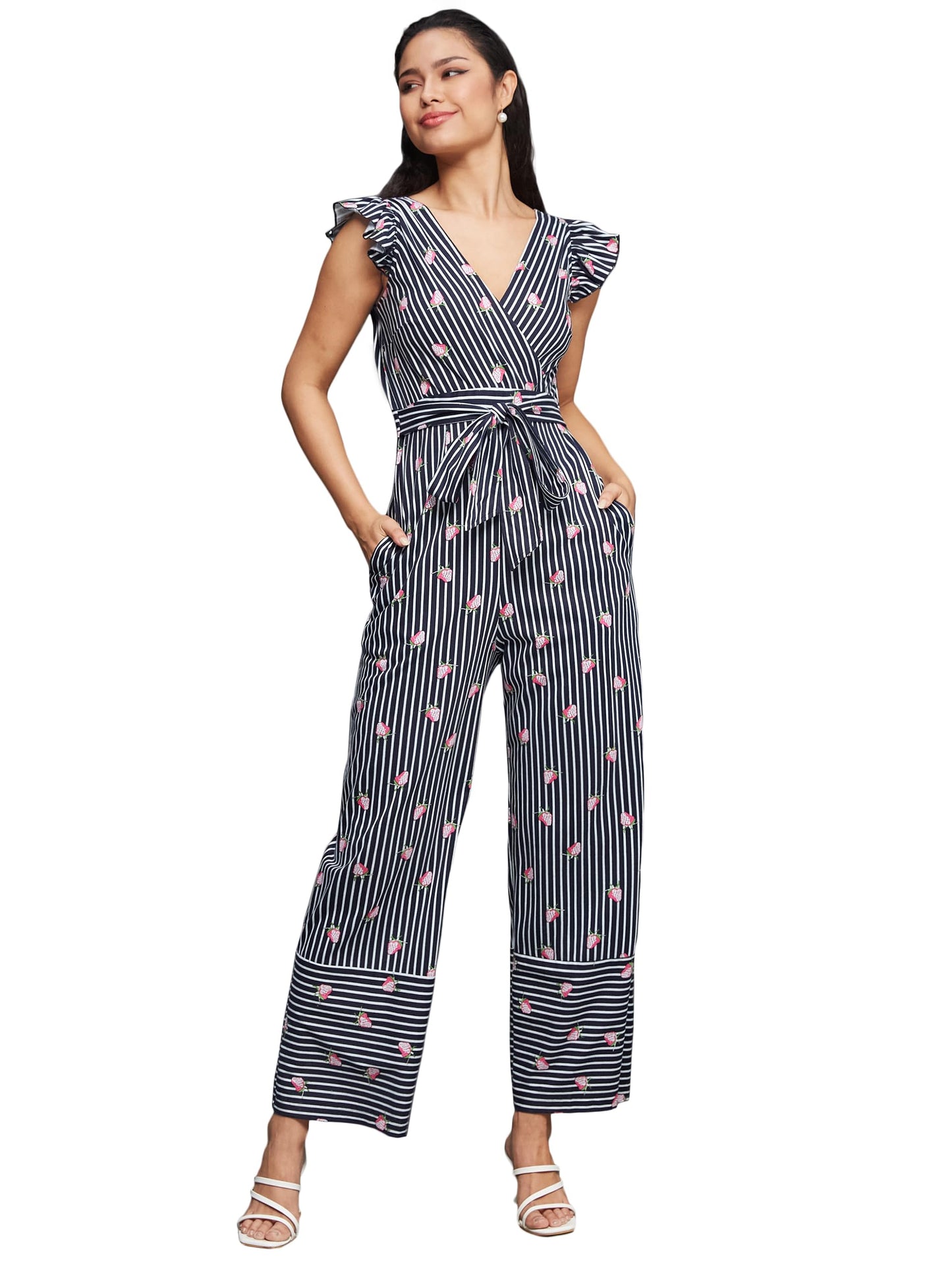 Miss Chase WomenS V-Neck Cap Sleeve Striped Waist Tie-Up Pure Cotton Regular Length Jumpsuit With Pockets (Mcss24D19-14-178-03,
