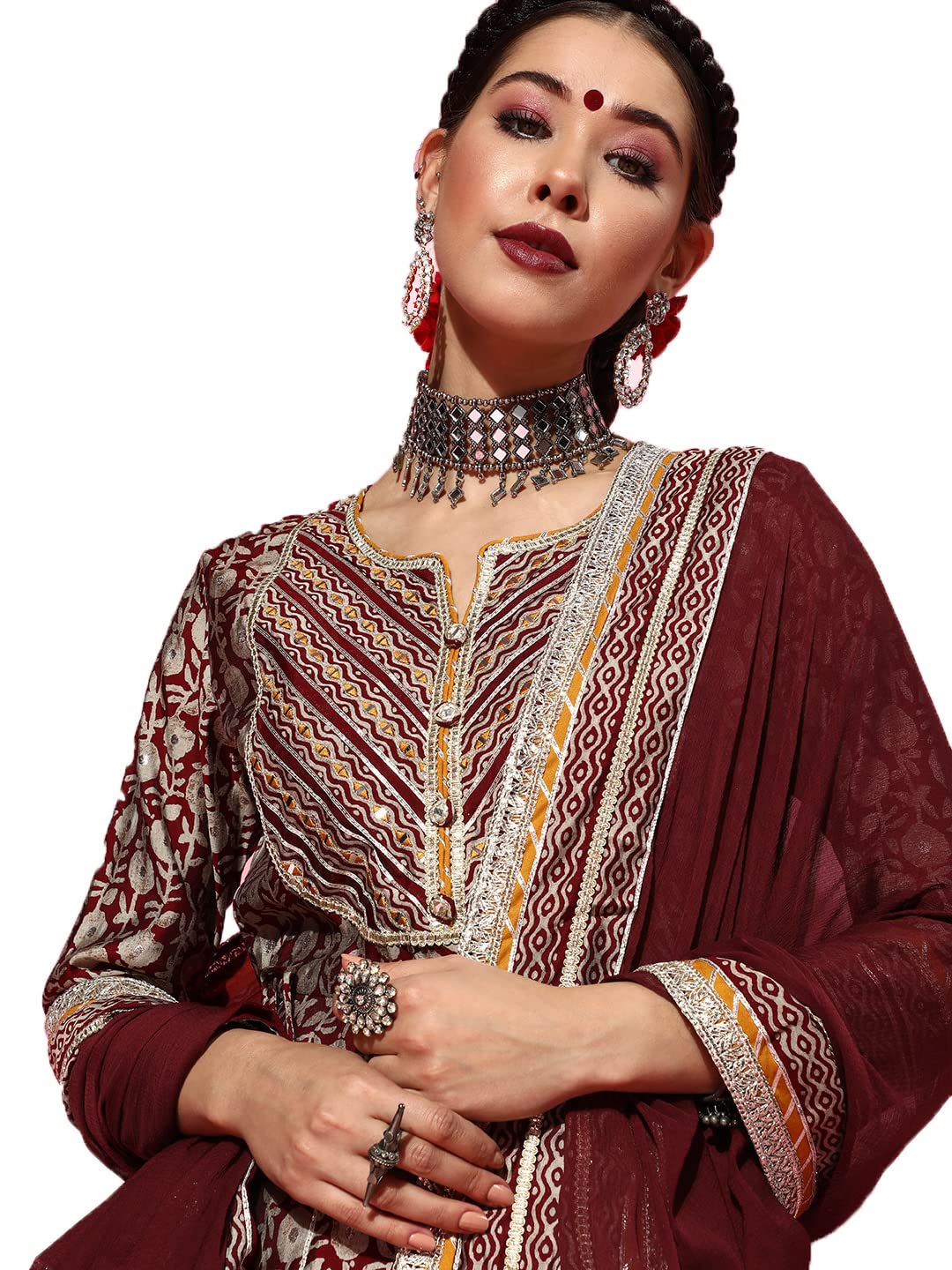 ishin Women's Art Silk Maroon Embroidered Anarkali Peplum Kurta Set with Sharara and Dupatta