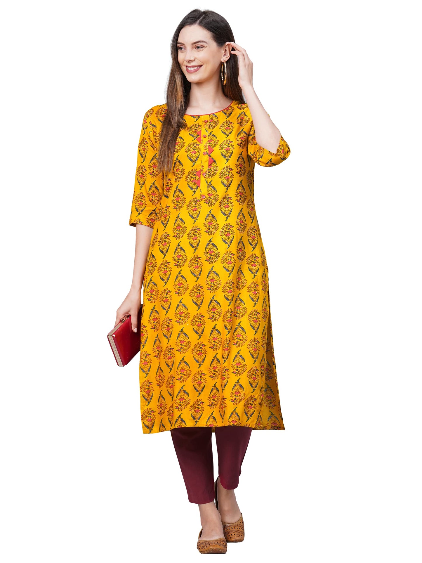 ANNI DESIGNER Womens Rayon Straight Printed Kurta (AUMZ Yellow_S-Yellow_Small)