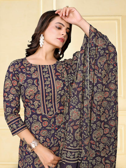 rangita Navy Blue Cotton Printed Straight Kurta with Pant and Dupatta | Kurta Set for Women