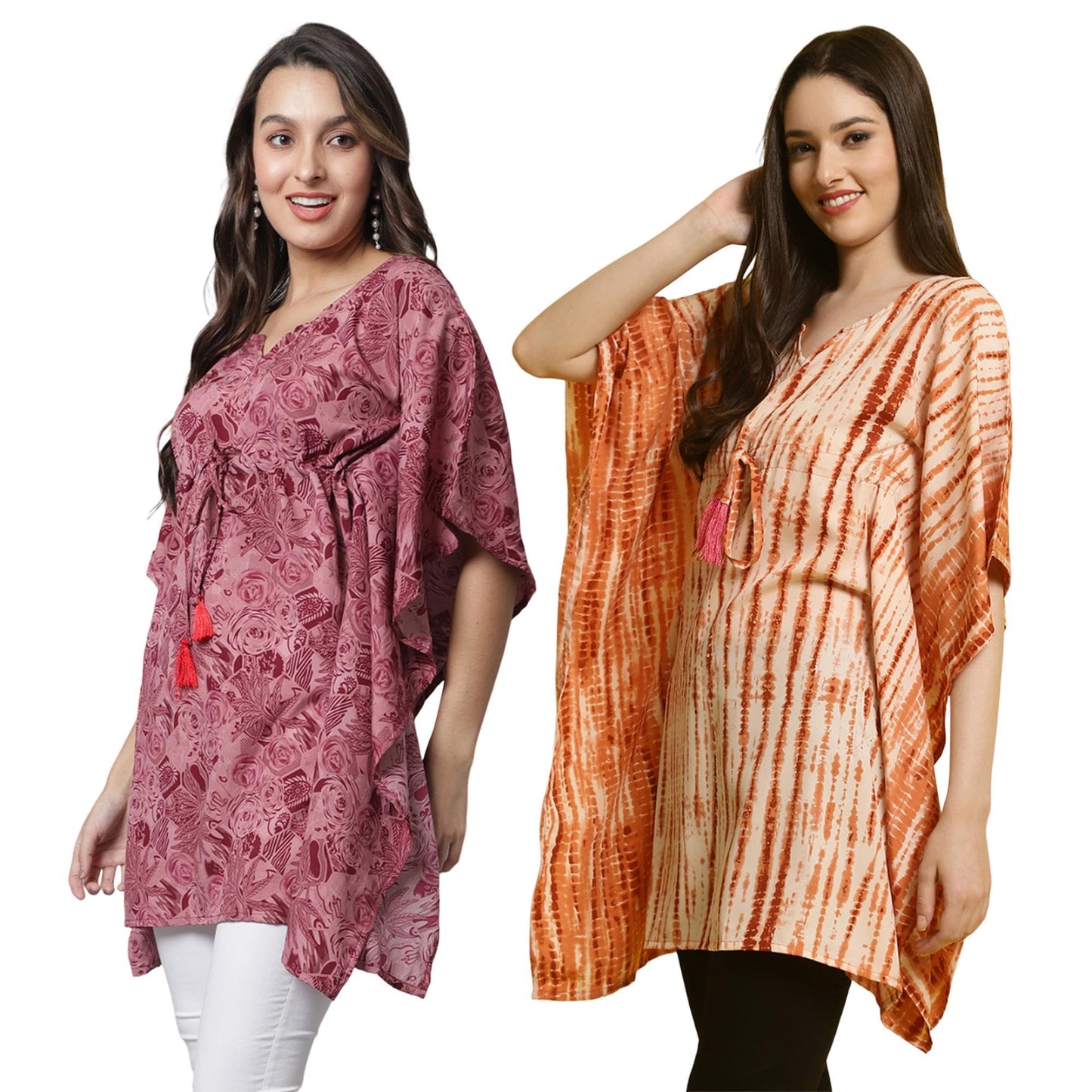 Tee Projekt Casual Crepe Kimino Sleeves Womens Kaftan Dress ll Kaftan Casual & Everyday Kurta (Pack of 2) Pink-Orange