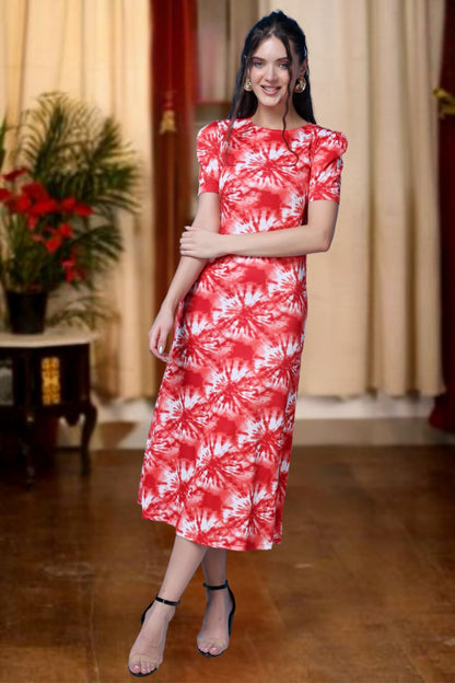 Popwings Casual Abstract Printed Midi Dress For Women | Half-Sleeves Long Dress For Women | Round-Neck Women Stylish Dress Red