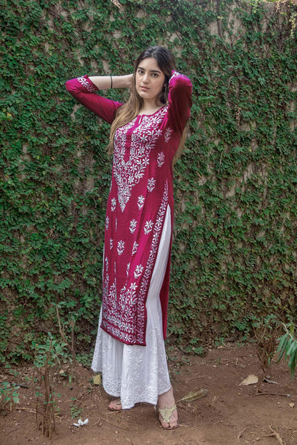 GoSriKi Ladies Rayon Blend Chikankari Kurta, 4X-Large, Pink, Model Victoria Purple-GS