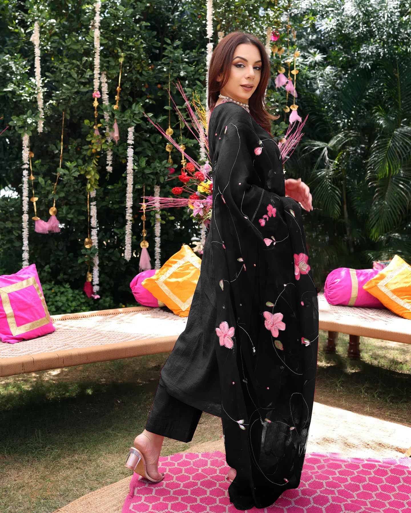 ANNI DESIGNER Viscose Rayon Printed Kurta with Trousers & Dupatta, 3XL, Black, Model ROKA RANI