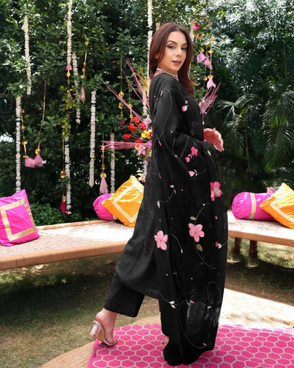 ANNI DESIGNER Viscose Rayon Printed Kurta with Trousers & Dupatta, 3XL, Black, Model ROKA RANI