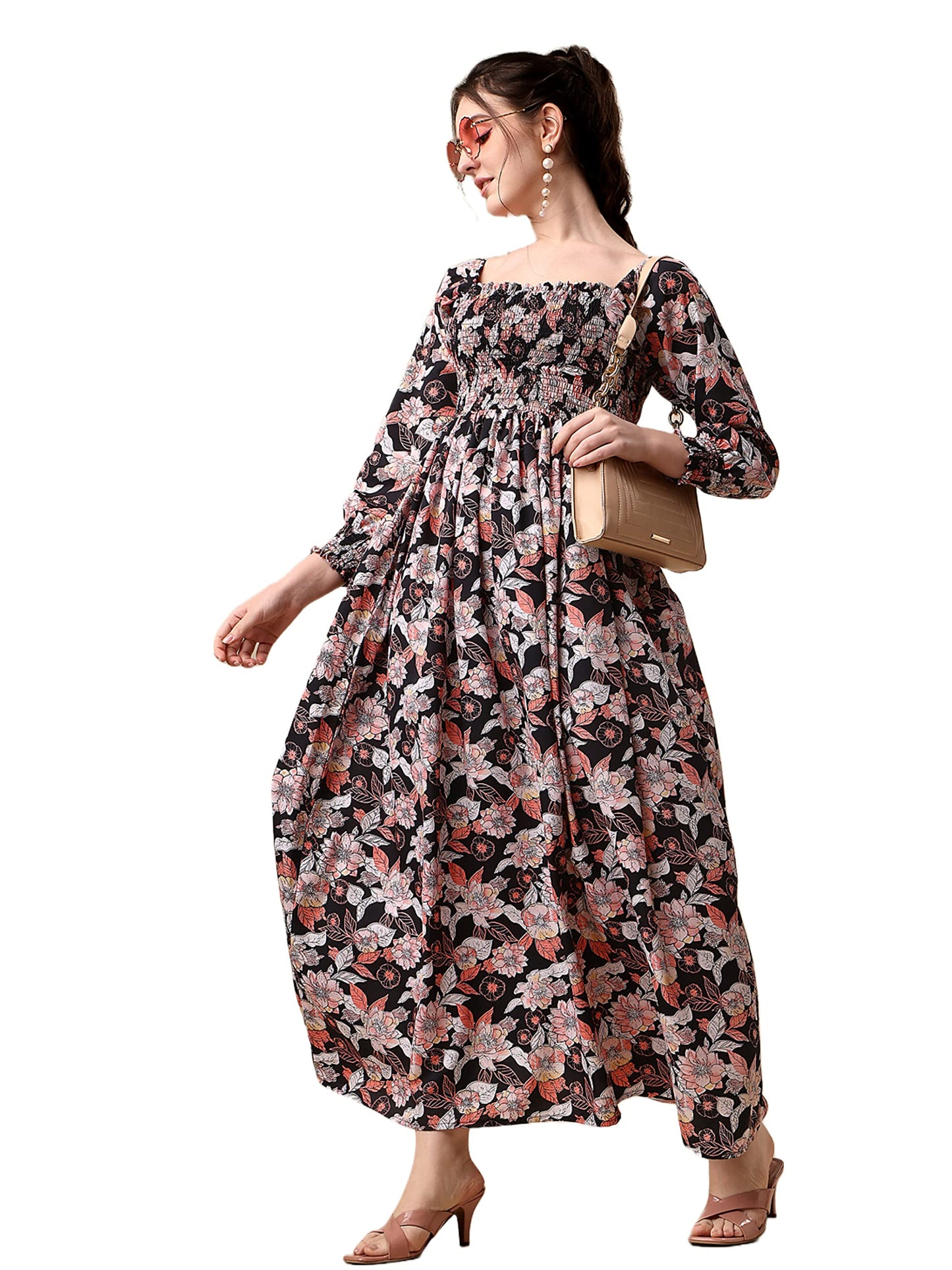 Sheetal Associates WomenS Floral Printed Crepe Full Length Dress Black