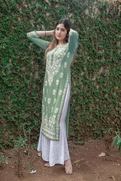 GoSriKi Women's Embroidered Kurta - Rayon Blend, Straight Cut, Large, Green, Model: Victoria Purple-GS