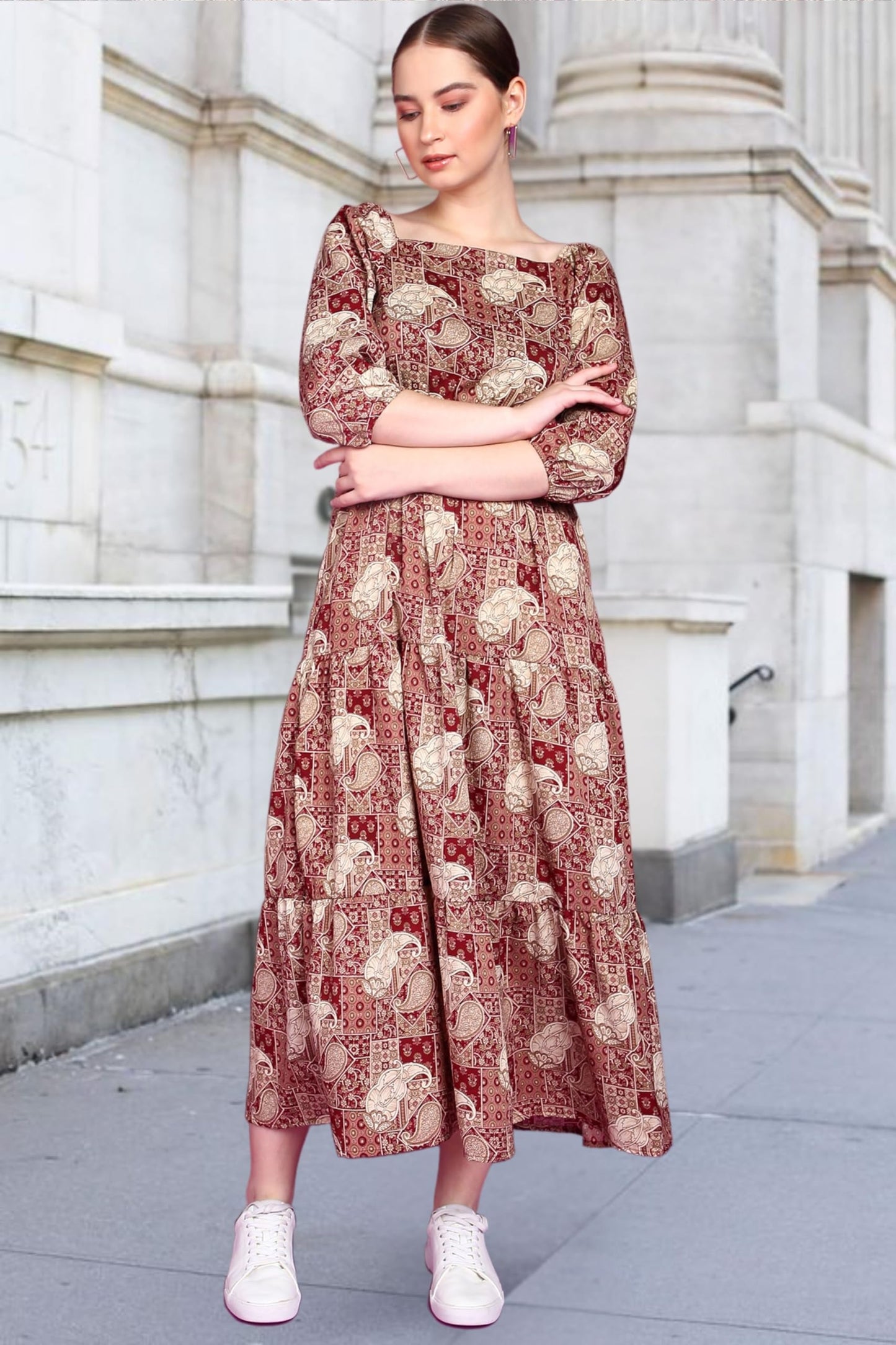 Popwings Women Casual Maroon Paisely Print Long Maxi Dress Dress | Stylish Dress | Trendy Dress