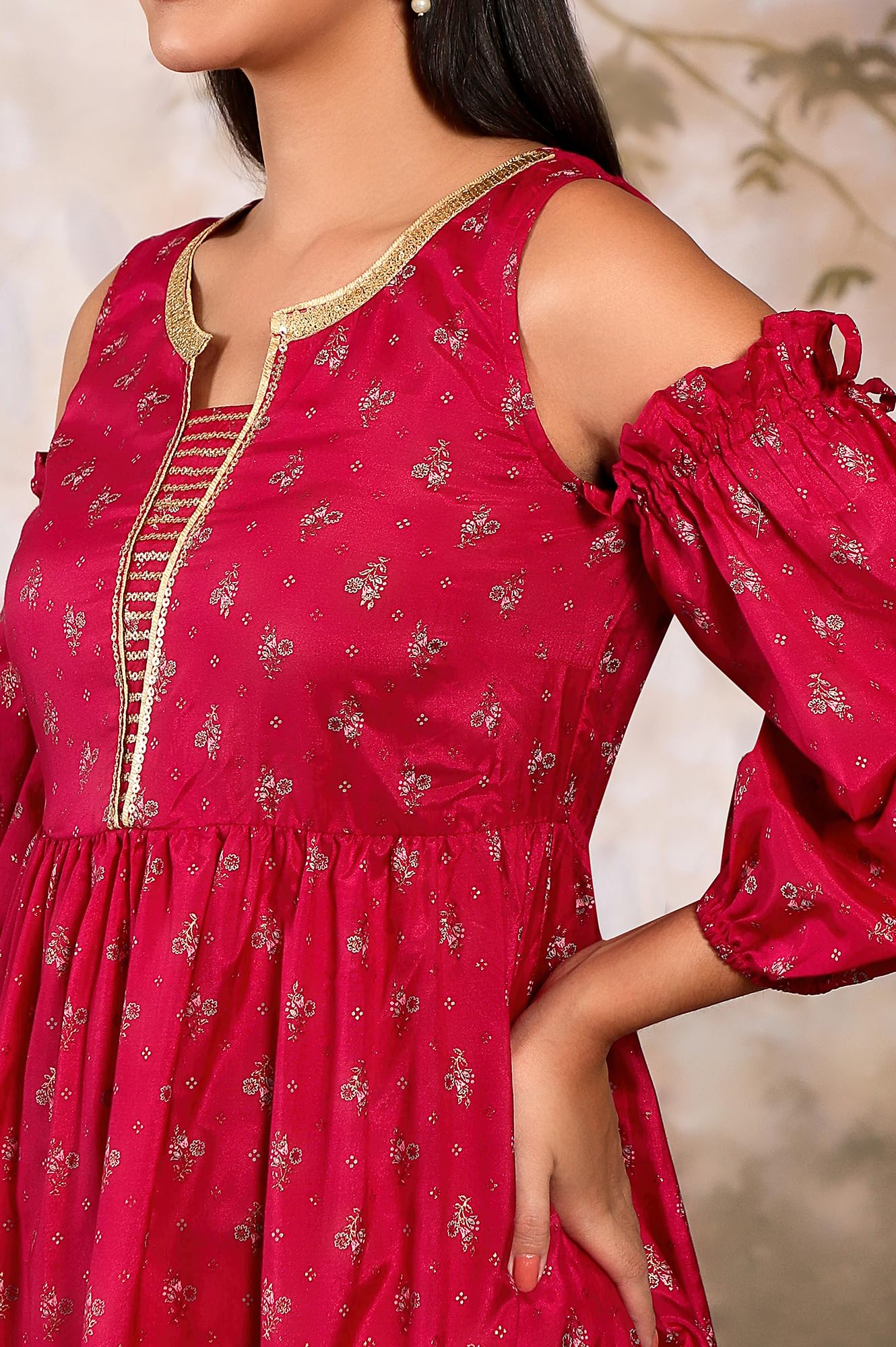 Aurelia Women's Polyester Pink Floral Round Neck Straight Kurta