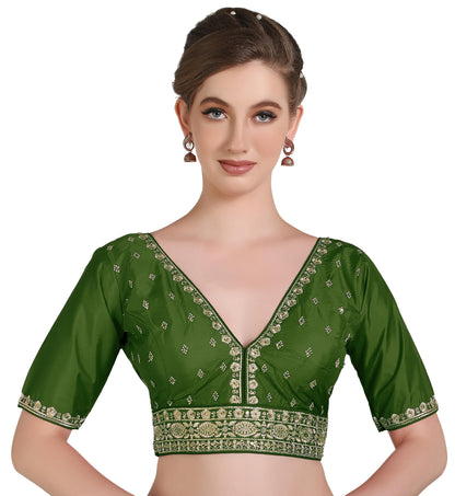 Pujia Mills Woman Readymade Ethnic Wear Deep V Neck Classic Butti Design Half Sleeve Mehendi Green Online Embroidery Zari Work B