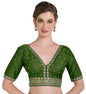 Pujia Mills Woman Readymade Ethnic Wear Deep V Neck Classic Butti Design Half Sleeve Mehendi Green Online Embroidery Zari Work B
