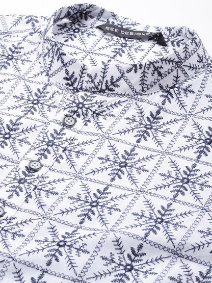 See Designs Men Mandarin Collar Off White & Blue Pure Cotton Embroidered Staright Full Sleeve Kurta With Pajama - Sd2Mekt_127001