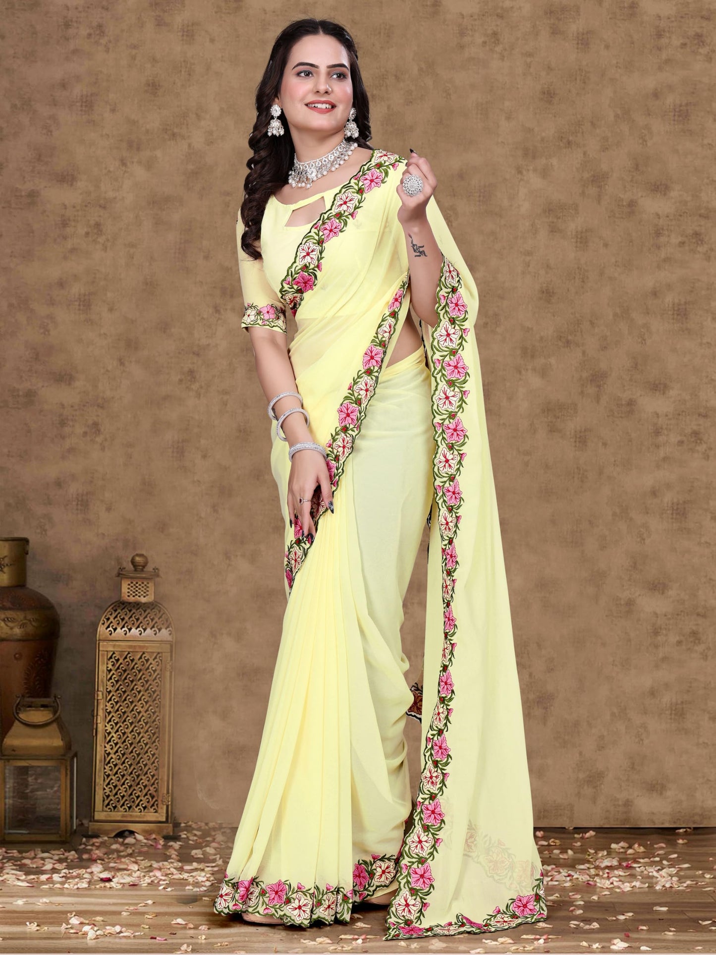Suketa WomenS Soft Georgette Saree With Floral Printed Border Unstitched Blouse Piece Solid Pattern | Saree For Woman Daily Wear