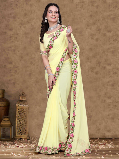 Suketa WomenS Soft Georgette Saree With Floral Printed Border Unstitched Blouse Piece Solid Pattern | Saree For Woman Daily Wear