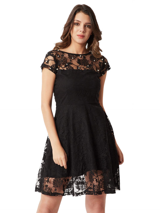 Miss Chase WomenS Designer Black Round Neck Cap Sleeves Lace Solid Embellished Mini Skater Dress With Zip Closure(Mcaw18D10-94-