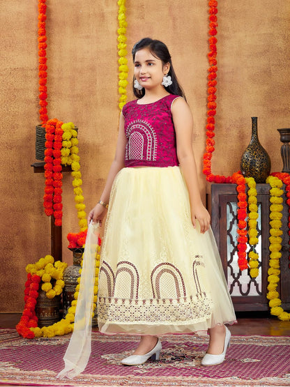 Aarika Girls Ethnic Wear Maroon-Beige Colour Thread Embroidery Net Lehenga Choli Set (4-10 Years)