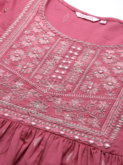 ishin Cotton Blend Women's Muave Floral Yoke Design Flared Kurta Set With Pants & With Dupatta