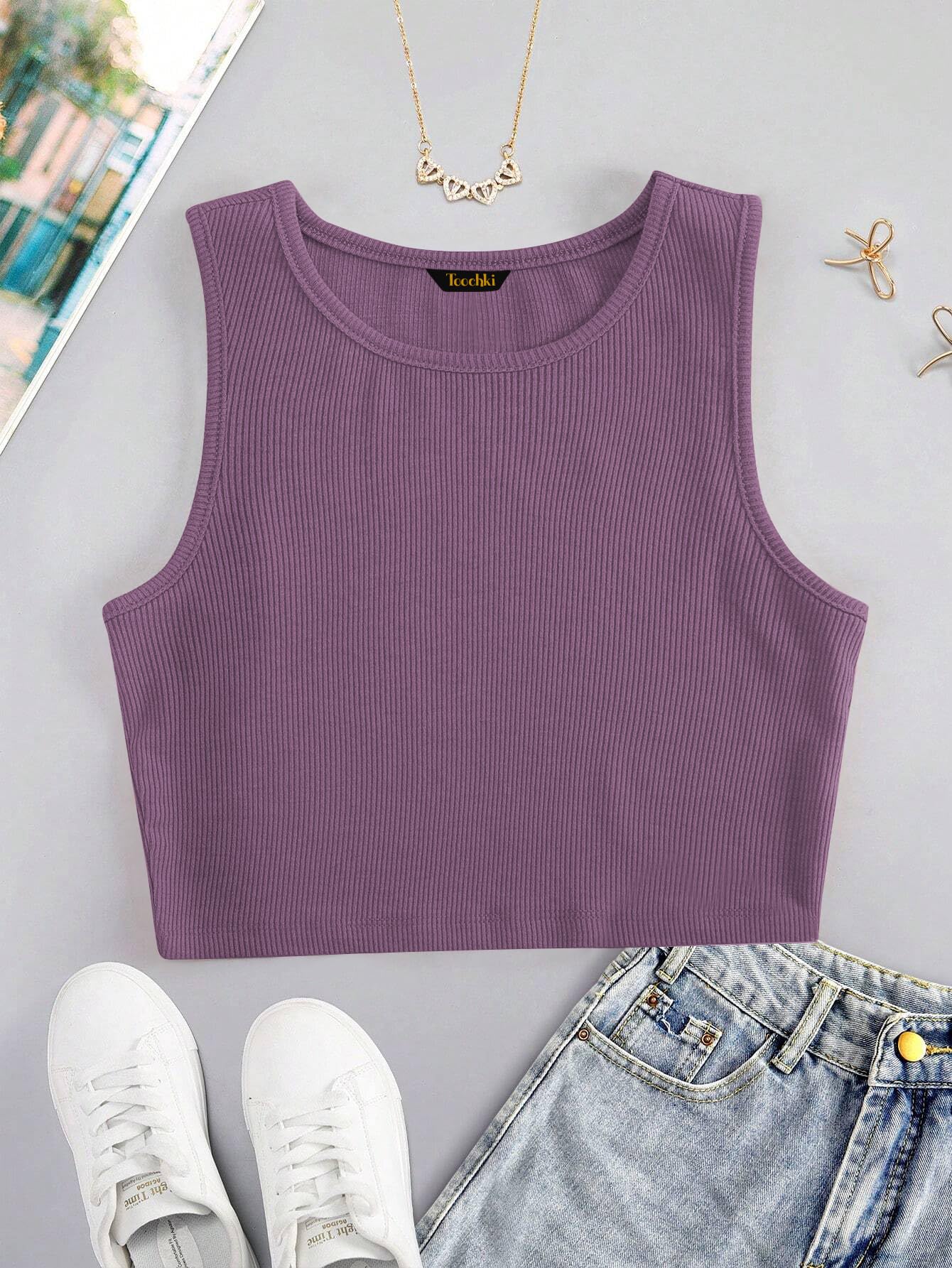 Toochki Tops for Woman | Spandex Top | Crop | Short | Western | for Jeans | Sleeveless | Stretchable | Dark Purple