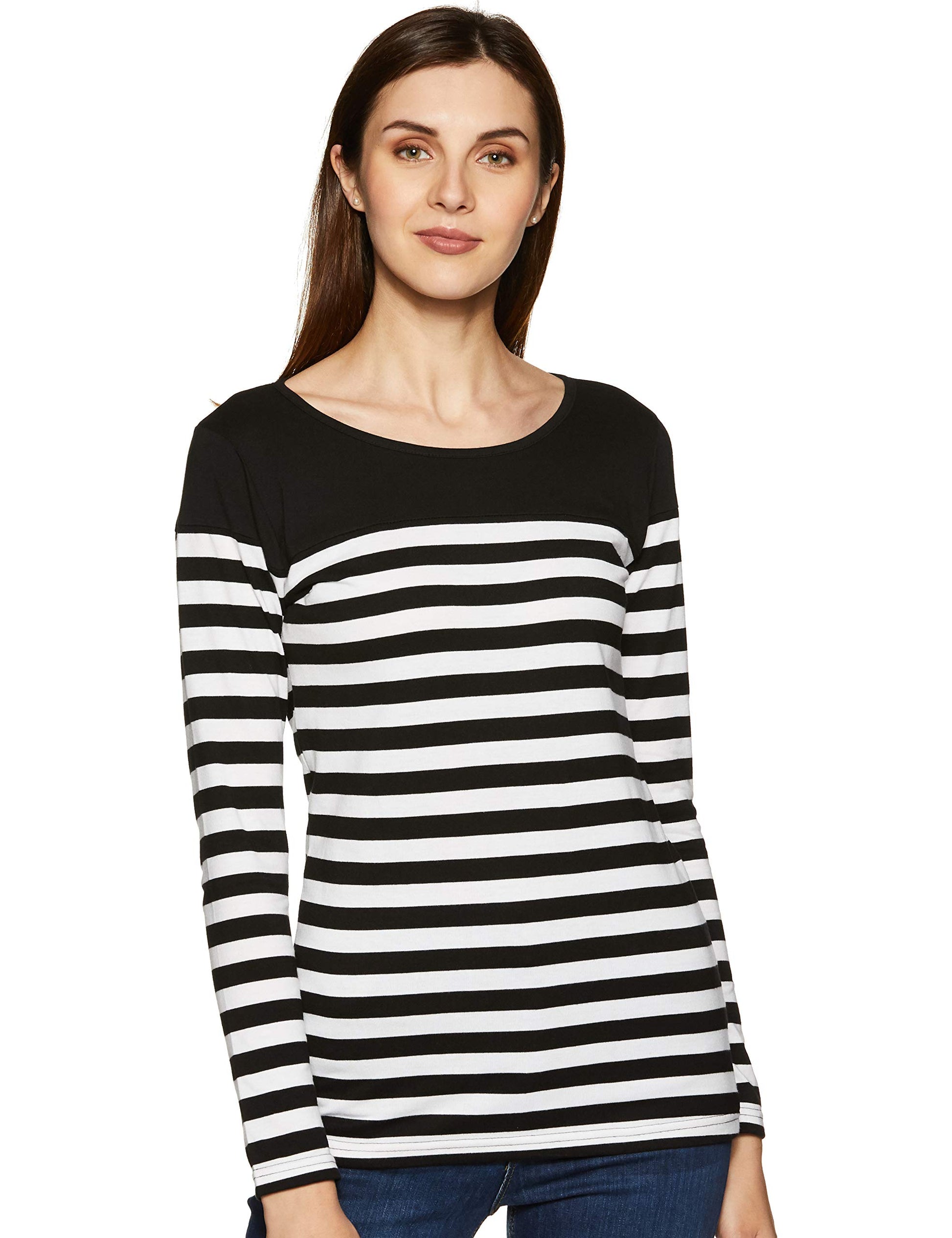 Miss Chase WomenS Black And White Round Neck Full Sleeves Striped Basic Top(Mcaw14Tp01-67-98-02,Black And White,X-Small)