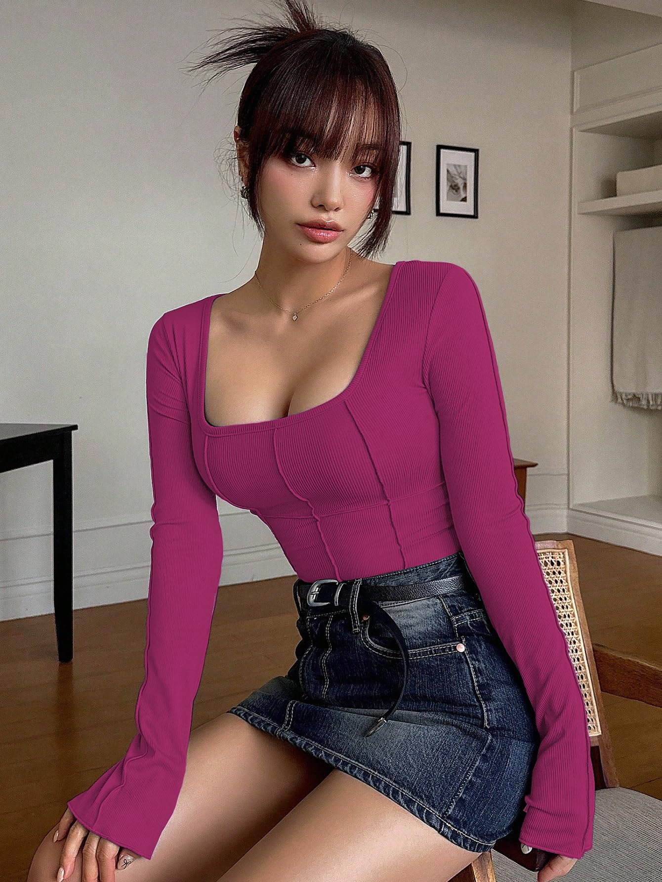 Sugathari Womens Wine Solid Long Sleeve Wrap-Style Square Split Crew Neck Bodycon Women T-Shirt Spring and Summer Top, Minimali