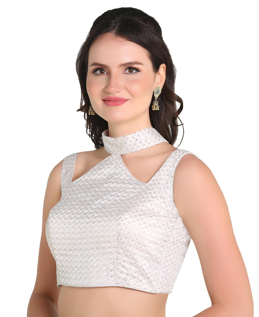 Pujia Mills WomanS Readymade Sleeveless White Blouse Halter Neck With String Pattern Backless Ethnic Wear Pattern Choli Blouse