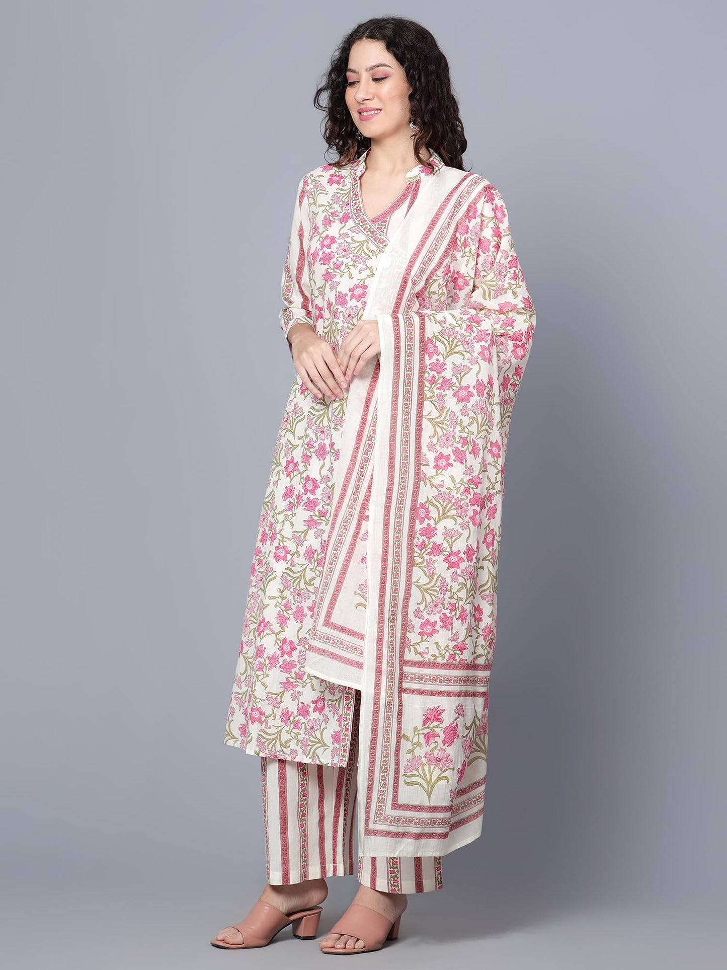 idaLia Multicolour Floral Printed Cotton Kurta Set with Dupatta
