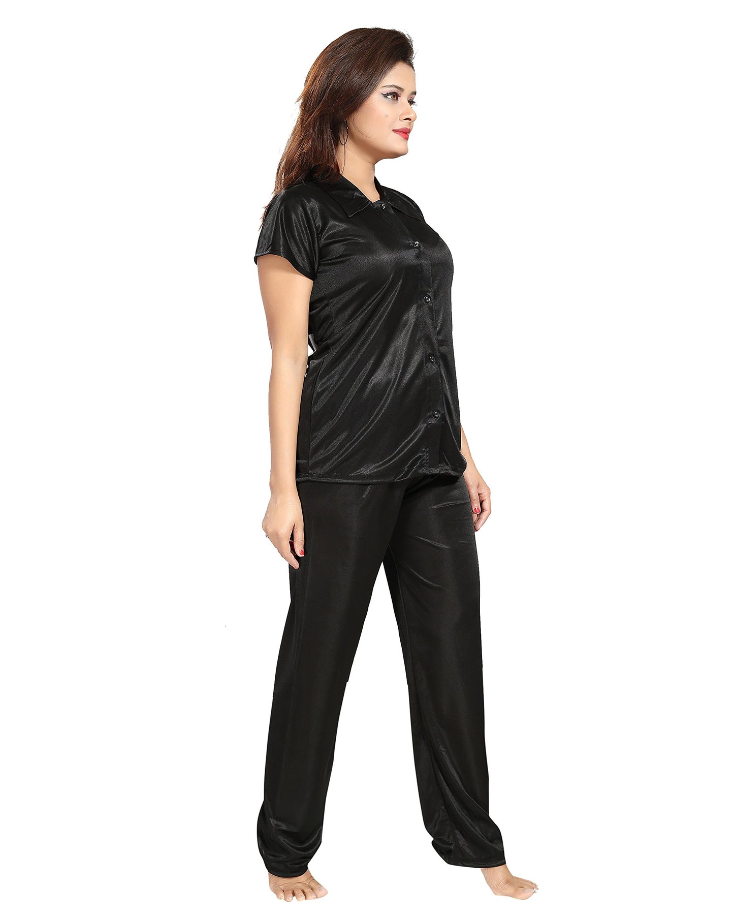 Fabme WomenS Plain Satin Night Suit (Shirt And Pyjama) (Black) (Size - Xx-Large || Bust 42)