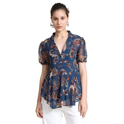 Toochki Navy Blue Georgette Paisley Flared Printed high Low Style Western Summer wear top for Womens in Latest Trending Style G