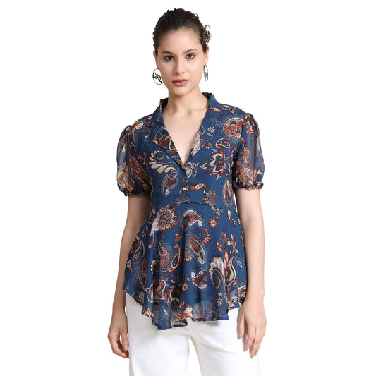 Toochki Navy Blue Georgette Paisley Flared Printed high Low Style Western Summer wear top for Womens in Latest Trending Style G