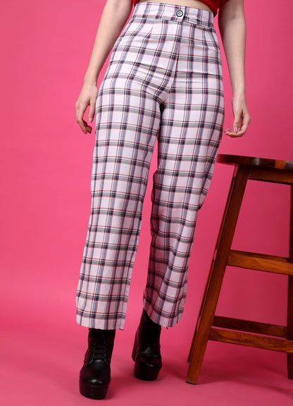 POPWINGS Casual Check Print Button and Zip Closure Trouser for Women | Western Wide-Leg Trouser for Women | Summer Trousers for