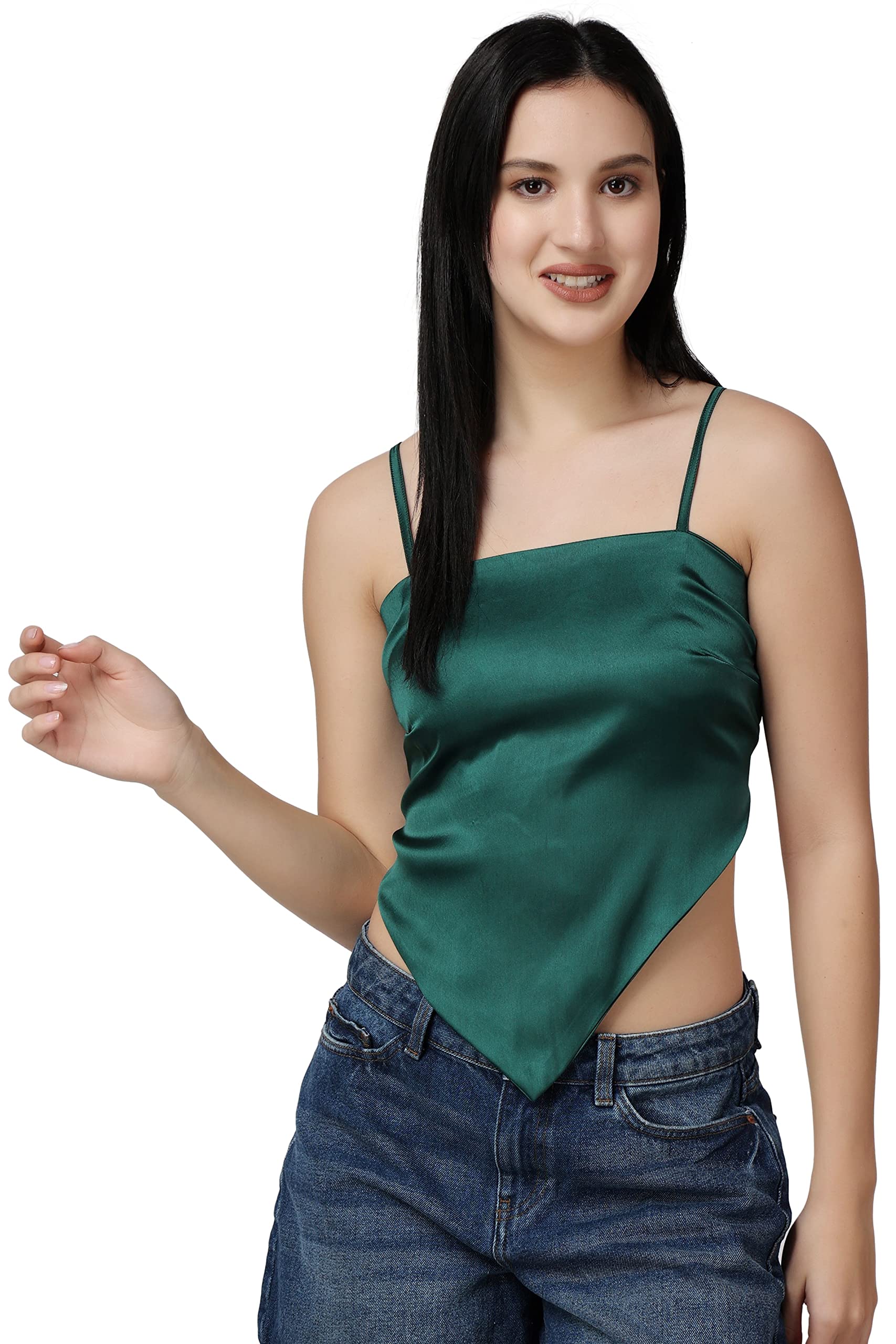 Popwings Women Casual Dark Green Satin Scarf Knot Solid Crop Top