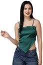 Popwings Women Casual Dark Green Satin Scarf Knot Solid Crop Top